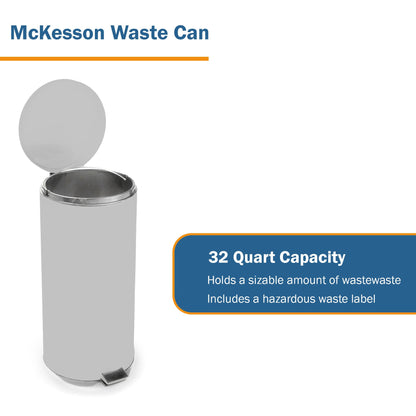 McKesson Trash Can with Plastic Liner, Step-On, Round, Steel, Silver, 32 Qt