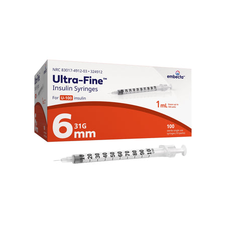 embecta 324912 Veo Ultra-Fine Standard Insulin Syringe with Needle, 31 Gauge