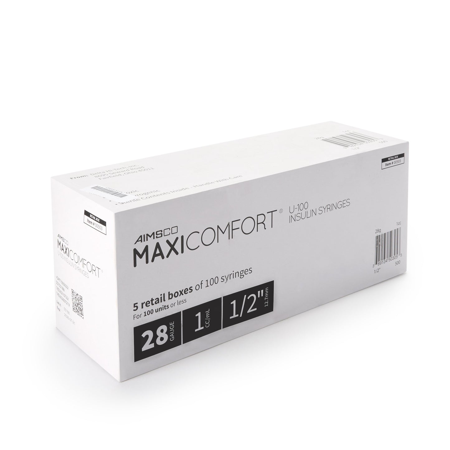 MaxiComfort® II Standard Insulin 1mL Syringe with Needle, 28 Gauge, 0.5 Inch