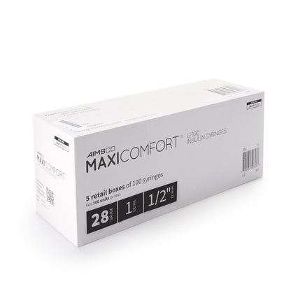 MaxiComfort® II Standard Insulin 1mL Syringe with Needle, 28 Gauge, 0.5 Inch