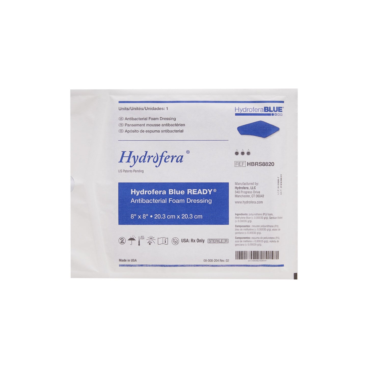 Hollister® Hydrofera Blue Ready™ Antibacterial Foam Dressing, 20.3 x 20.3 cm
