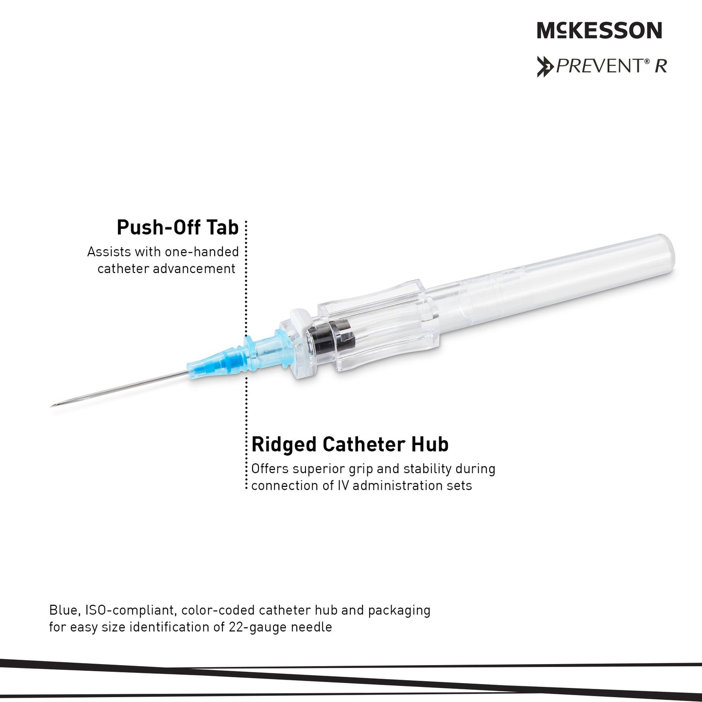 Peripheral IV Catheter McKesson 22 Gauge 1 Inch Polyurethane Straight Hub Non Blood Control Push Button Safety