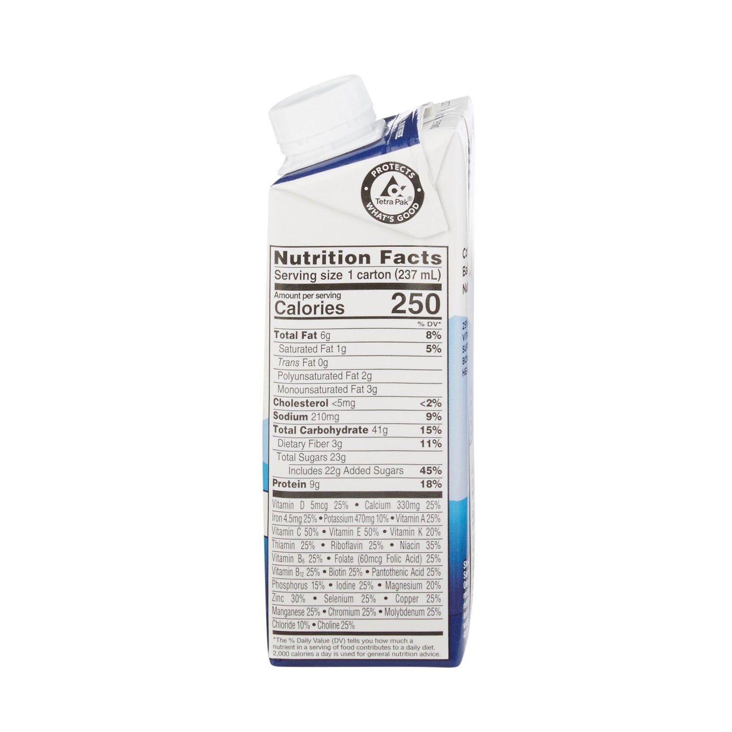 Close up of the nutrition facts and clinical nutrition label on an Abbott 64931 Ensure Original vanilla carton.