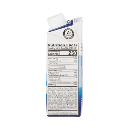 Close up of the nutrition facts and clinical nutrition label on an Abbott 64931 Ensure Original vanilla carton.
