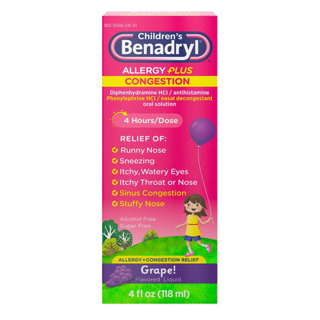 J & J Sales 50580034101 Benadryl Children's Allergy Plus Congestion Liquid Grape Flavor, 4 ounces