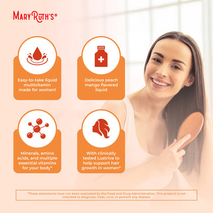 Multivitamin Supplement Mary Ruth's® Liquid Morning Multivitamin + Hair Growth Vitamin A / C / D / E 1,010 mcg - 90 mg - 20 mcg - 18 mg Strength Liquid 30 oz. Peach Mango Flavor