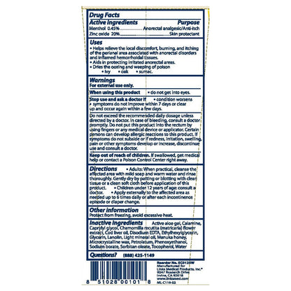 Chamosyn tube back label showing active ingredients including Zinc Oxide, Menthol, and Manuka Honey.