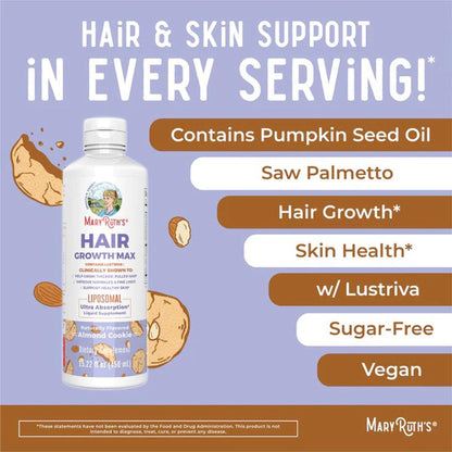 Dietary Supplement Mary Ruth's® Hair Growth Max Liposomal Vitamin E / B6 / Biotin 4 mg / 3 mg / 10,000 mcg Strength Liquid 15.22 oz. Almond Cookie Flavor
