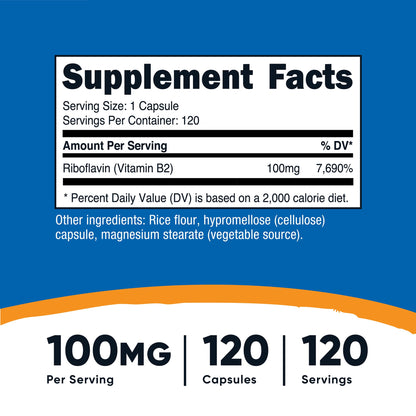 Dietary Supplement nutricost® Vitamin B2 Riboflavin Vitamin B2 100 mg Strength Capsule 120 Per Bottle