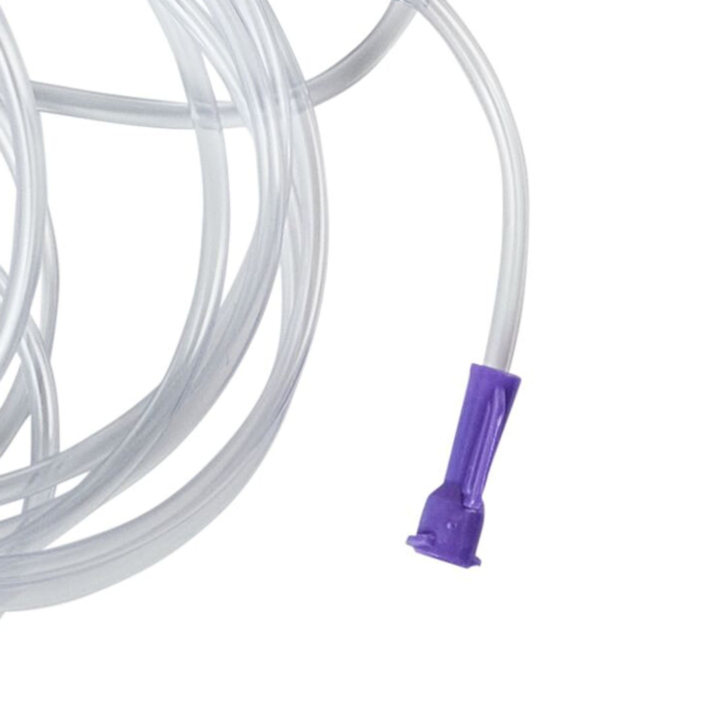 Close up of the clear line with blue connector of a Cardinal Health B10FF pump set.