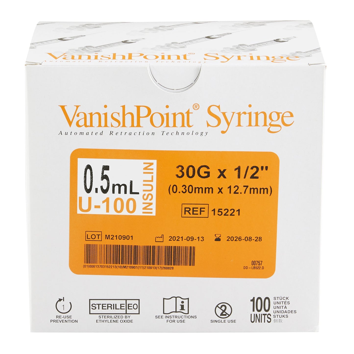 VanishPoint® 0.5 mL Insulin Syringe with Needle, 30 Gauge, 1/2 Inch Needle Length