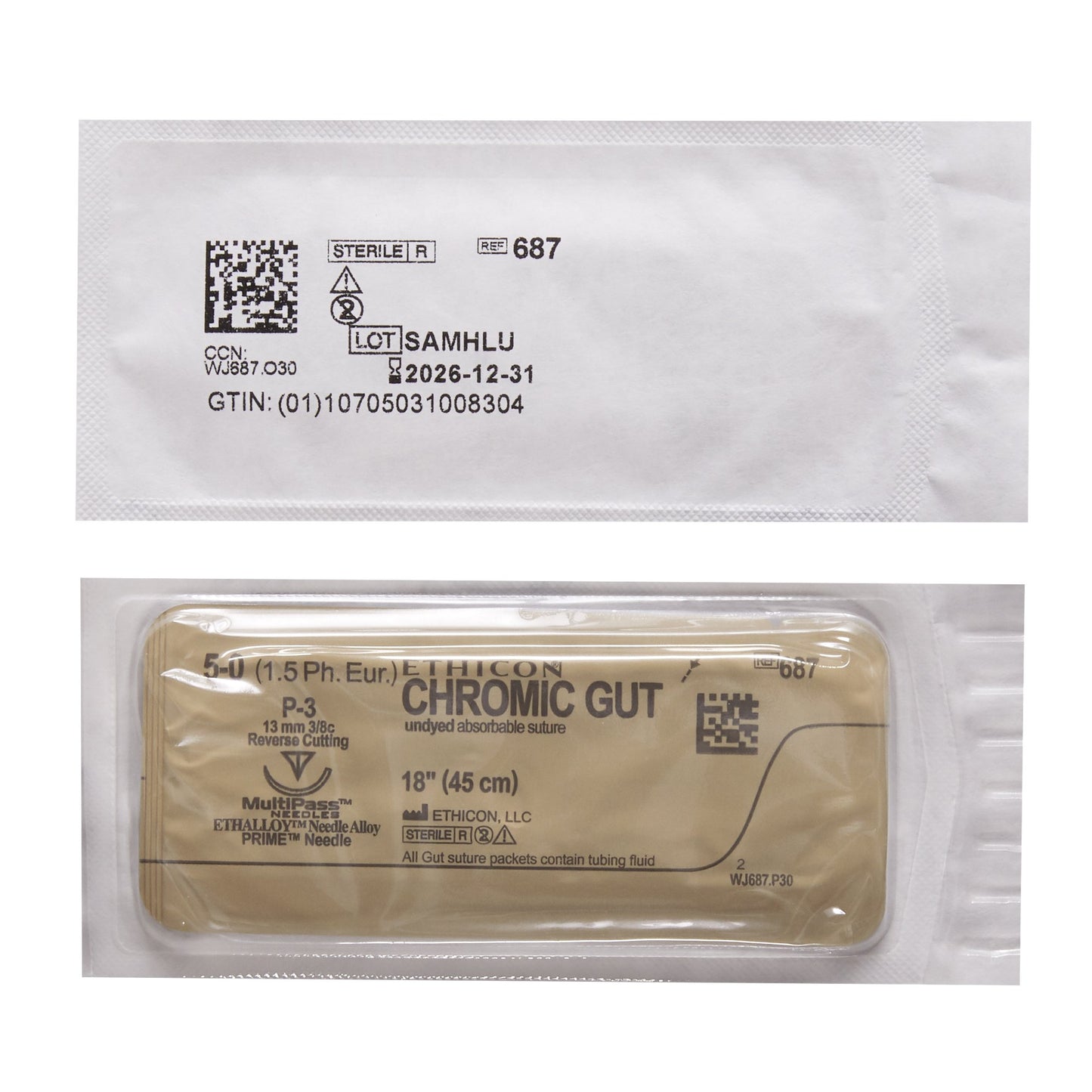 Absorbable Suture with Needle GUT CHROMIC Chromic Gut P-3 3/8 Circle Precision Reverse Cutting Needle Size 5-0 Monofilament