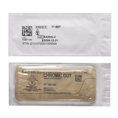 Absorbable Suture with Needle GUT CHROMIC Chromic Gut P-3 3/8 Circle Precision Reverse Cutting Needle Size 5-0 Monofilament
