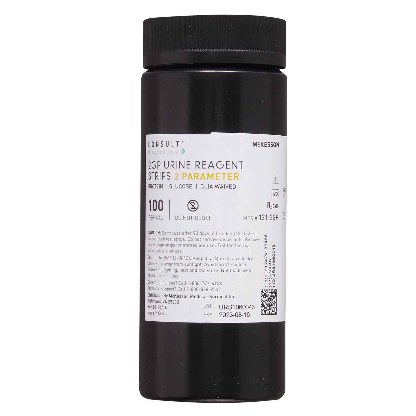 A 100-count vial of McKesson Consult 121-2GP 2GP urine reagent strips for glucose and protein testing at Lexicon Medical Supply.