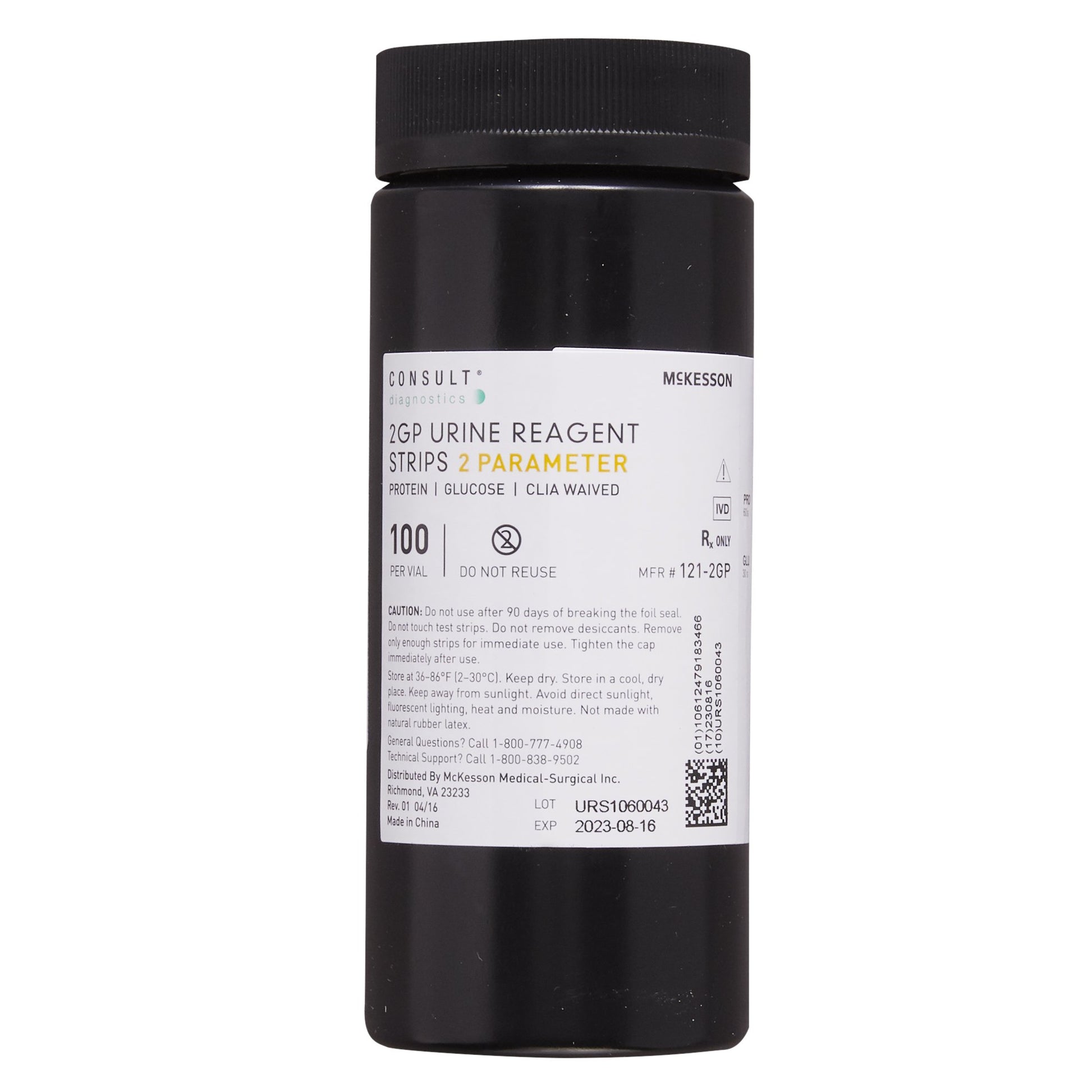 A 100-count vial of McKesson Consult 121-2GP 2GP urine reagent strips for glucose and protein testing at Lexicon Medical Supply.