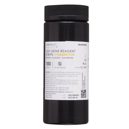 A 100-count vial of McKesson Consult 121-2GP 2GP urine reagent strips for glucose and protein testing at Lexicon Medical Supply.