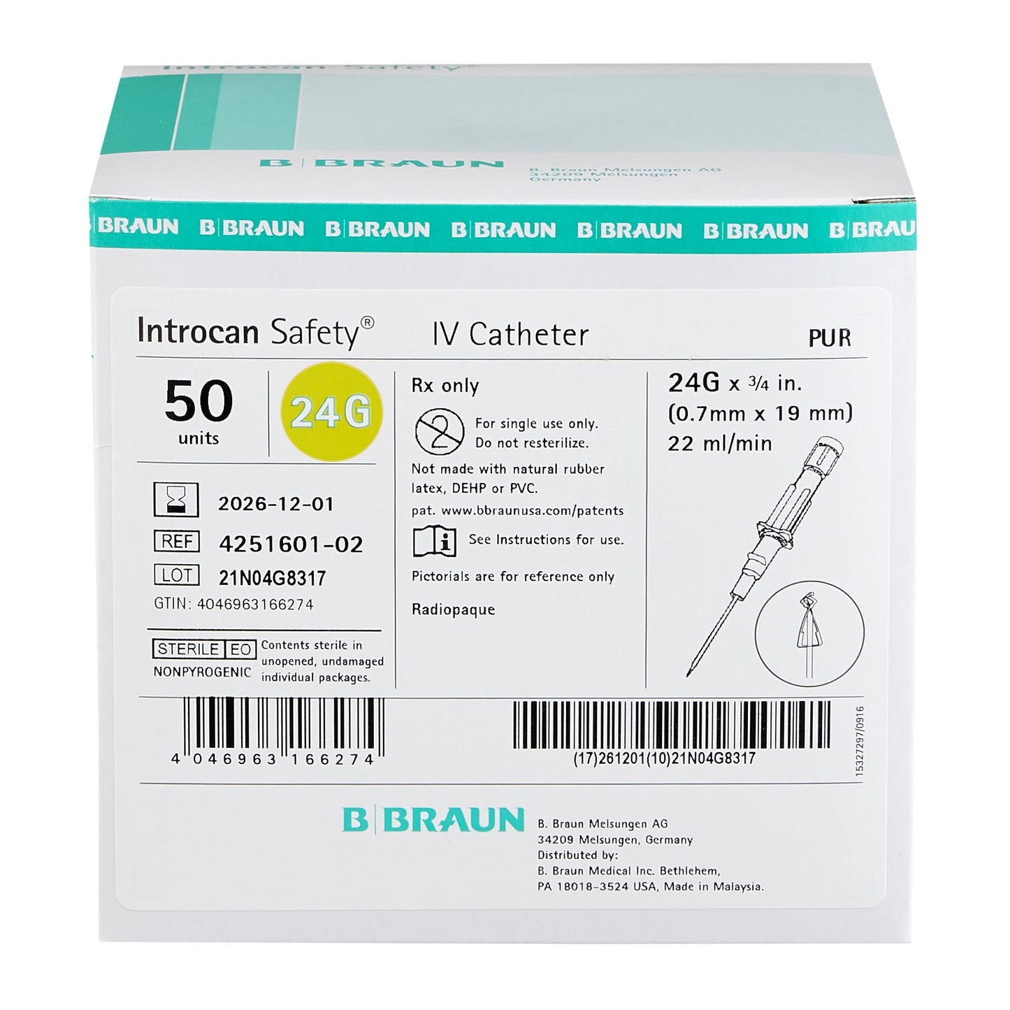 Introcan Safety® Peripheral IV Catheter, 24 Gauge, Straight