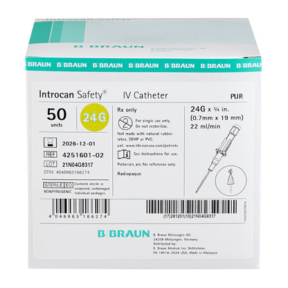 Introcan Safety® Peripheral IV Catheter, 24 Gauge, Straight