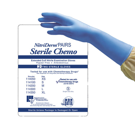 Innovative Healthcare 114200 NitriDerm EC Nitrile Extended Cuff Length Exam Glove, Medium, Blue
