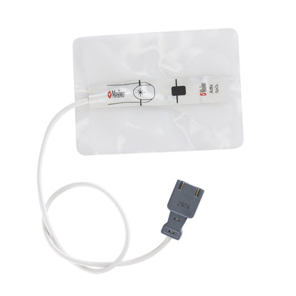 Close up of the white 9-pin LNCS distal connector on a Masimo 1859 adult adhesive disposable pulse oximetry sensor.