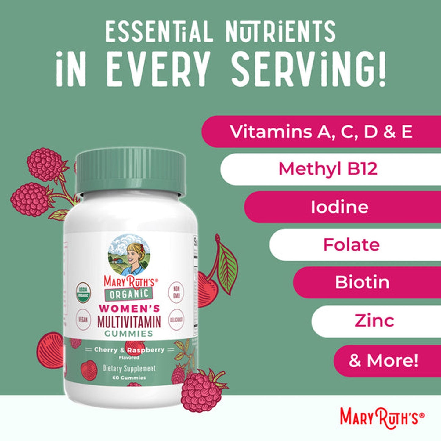 Multivitamin Supplement Mary Ruth's® Organic Women's Vitamin A / C / D / E 450 mcg - 20 mg - 6 mcg - 7 mg Strength Gummie 60 Per Bottle Strawberry Flavor