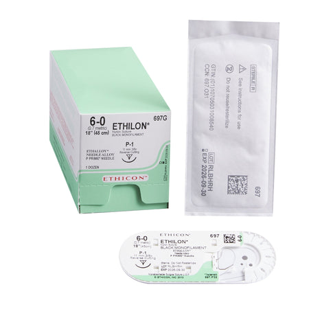 Ethicon 697G Ethilon Nylon Nonabsorbable Suture with Needle, Size 6-0, P-1 Precision Reverse Cutting