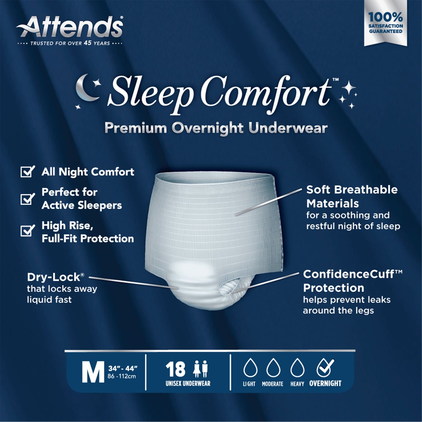 Attends® Sleep Comfort Premium Overnight Underwear, Medium, 24 – 44 Inches
