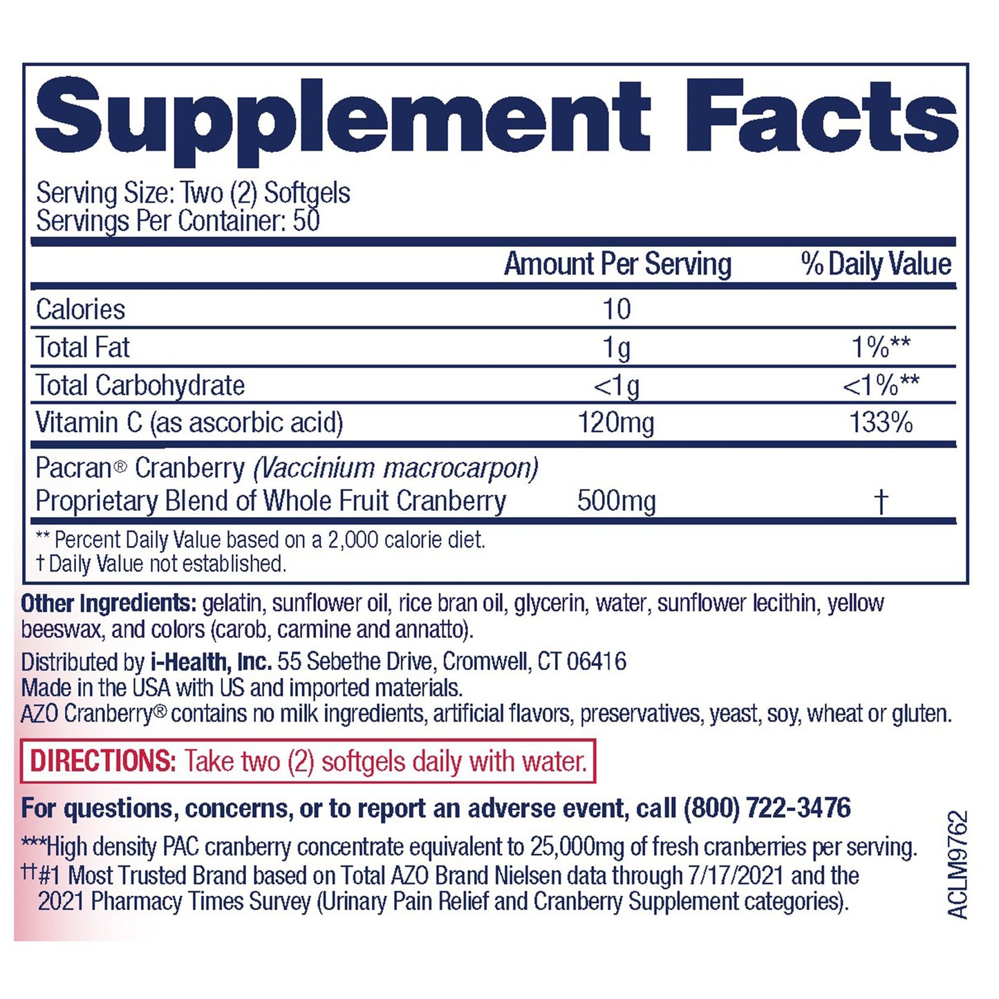 Urinary Tract Health Dietary Supplement AZO® Cranberry Vitamin C / Cranberry 120 mg - 500 mg Strength Softgel 100 per Bottle