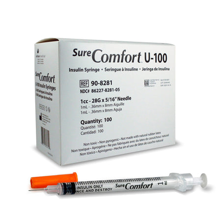 Allison Medical Inc 90-8281 Surecomfort Standard Insulin Syringe with Needle, 28 Gauge
