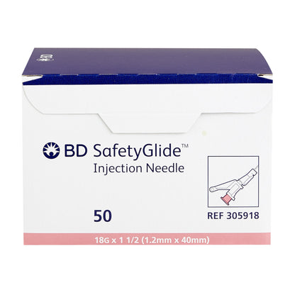 BD 305918 Safety Hypodermic Needle SafetyGlide™ 1-1/2 Inch Length 18 Gauge Thin Wall Sliding Safety Needle