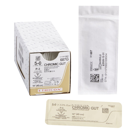 Ethicon 687G GUT CHROMIC Absorbable Suture with Needle, Size 5-0, P-3 Precision Reverse Cutting