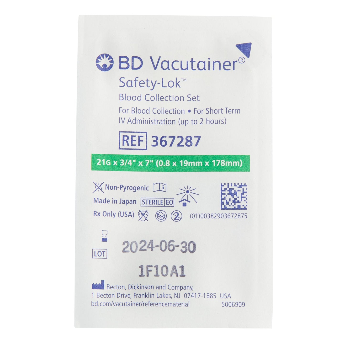 BD Vacutainer® Safety-Lok™ Blood Collection Set, 21 Gauge, ¾-inch needle length, 7-inch Tubing