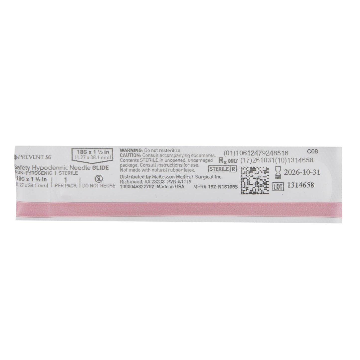 McKesson Prevent SG Safety Hypodermic Needle, 18 Gauge, 1-1/2 Inch
