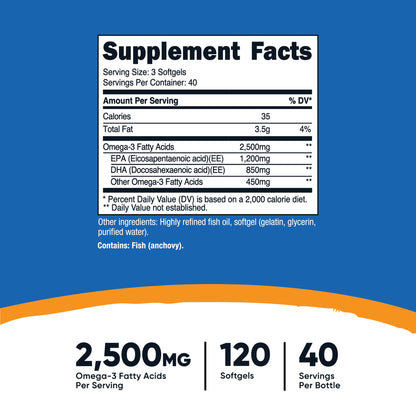 Dietary Supplement nutricost® Omega-3 2,500 mg Strength Softgel 120 Per Bottle