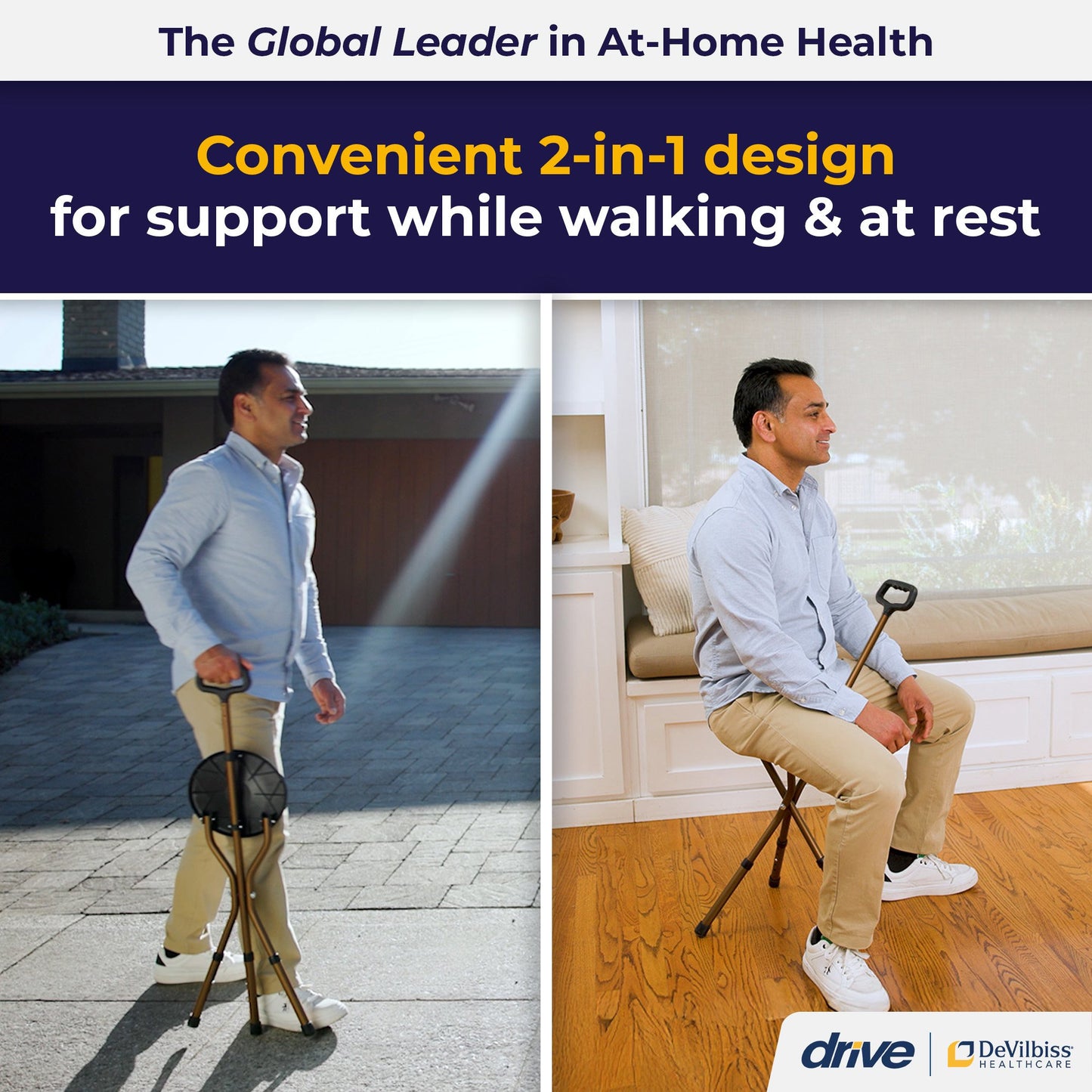 drive™ Aluminum Seat Cane, 34 – 38 Inch Height