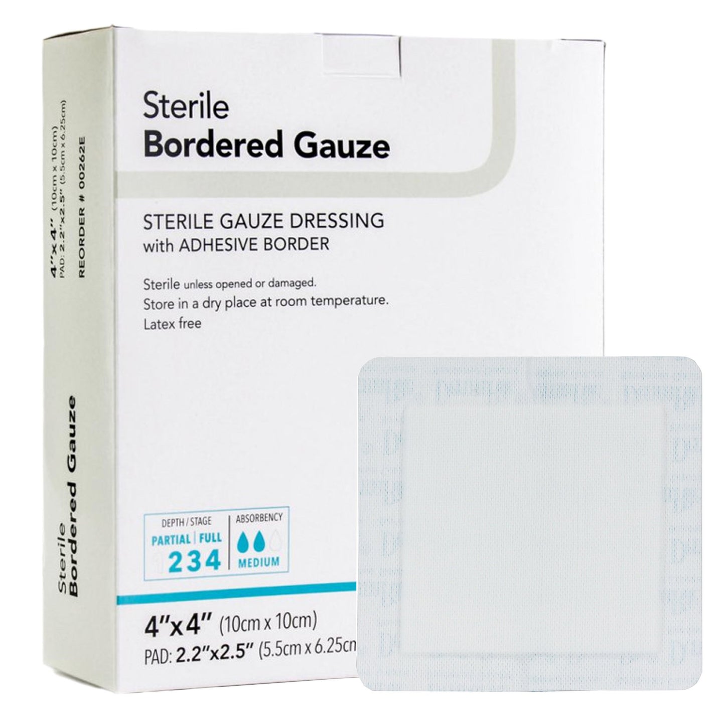 Individually wrapped DermaRite 00262E 4x4 sterile bordered gauze adhesive wound dressing packet.