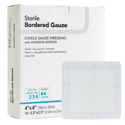 Individually wrapped DermaRite 00262E 4x4 sterile bordered gauze adhesive wound dressing packet.