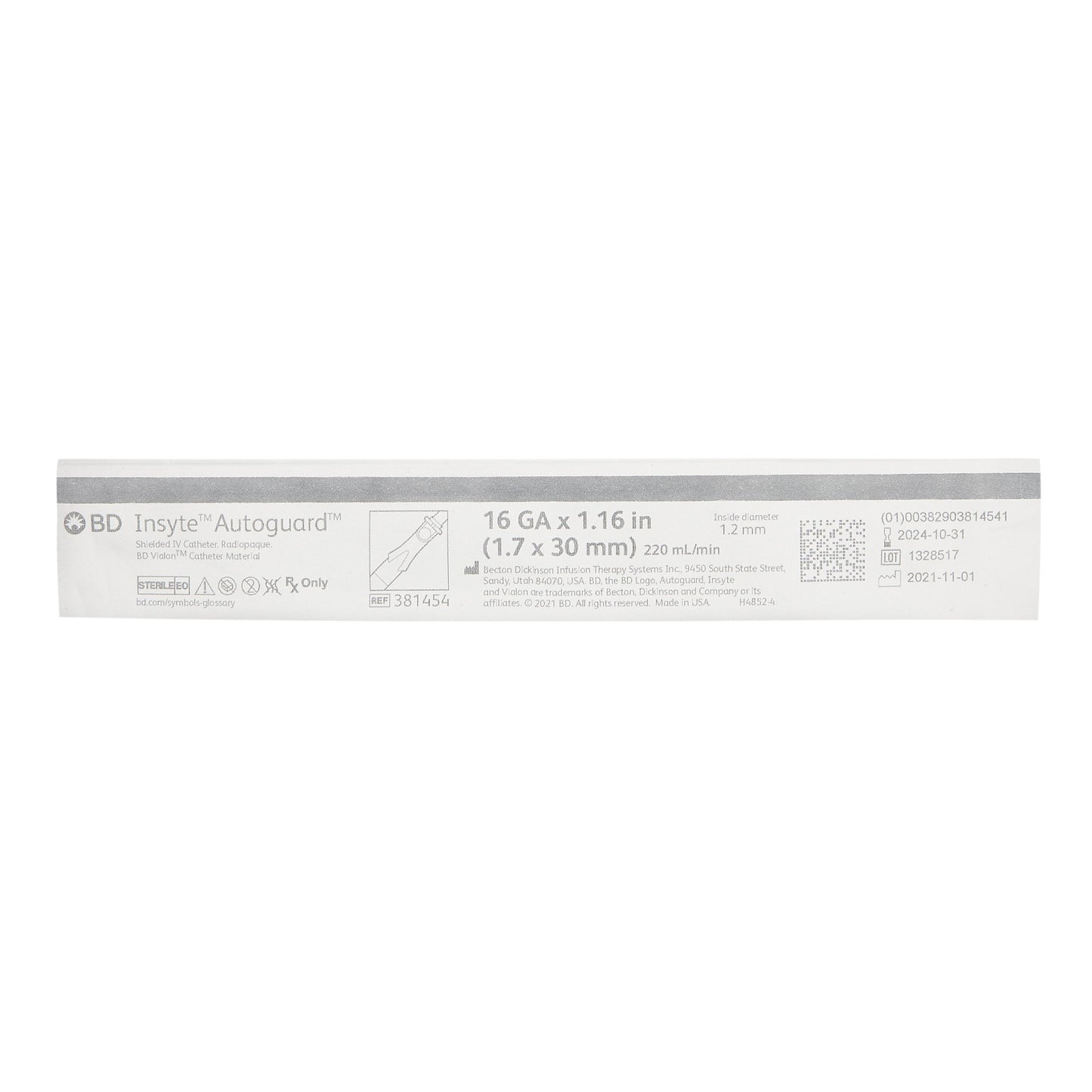 BD 381454 Peripheral IV Catheter Insyte™ Autoguard™ 16 Gauge 1.16 Inch BD Vialon Straight Hub Non Blood Control Push Button Safety