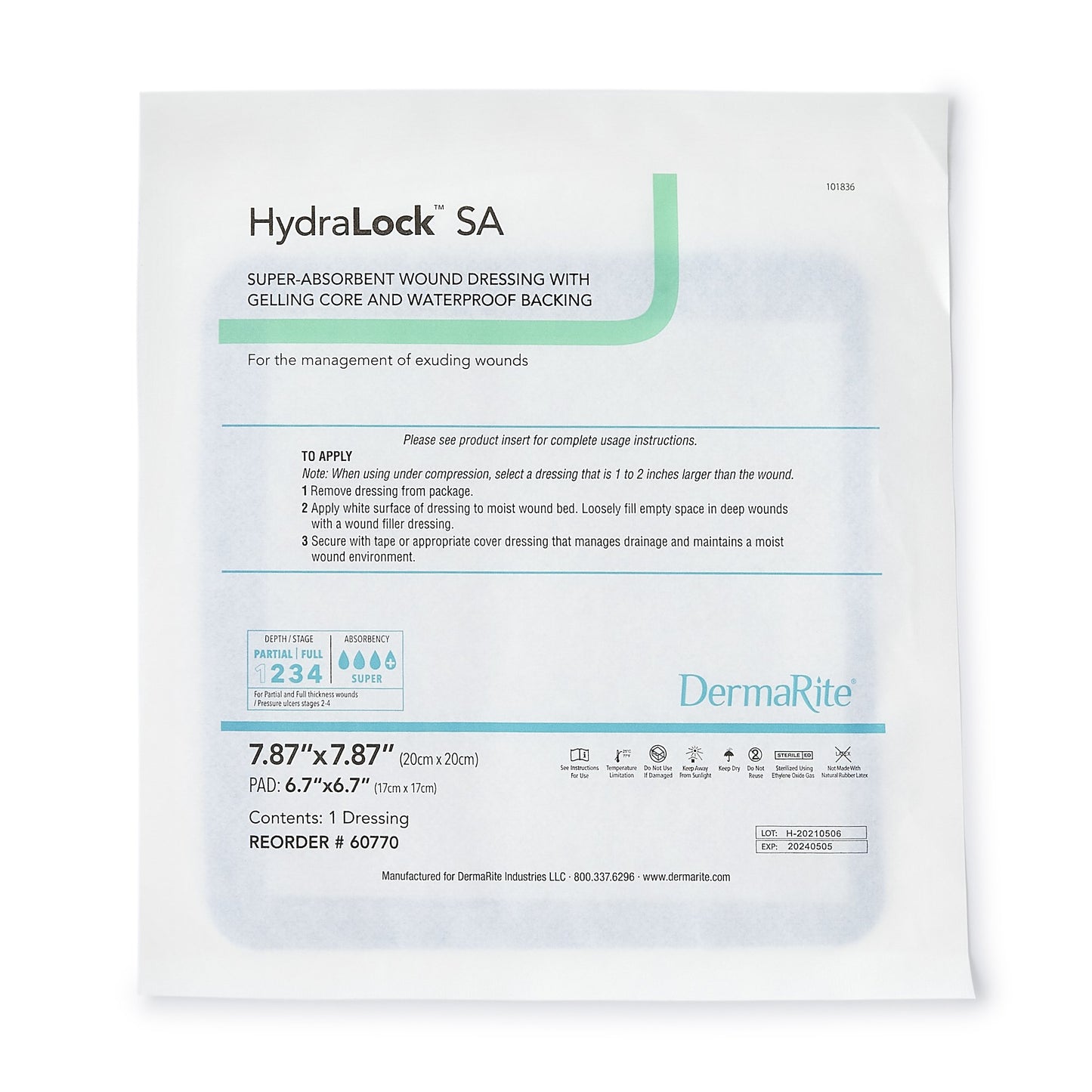 HydraLock™ SA Super Absorbent Dressing, 20 x 20 Centimeter
