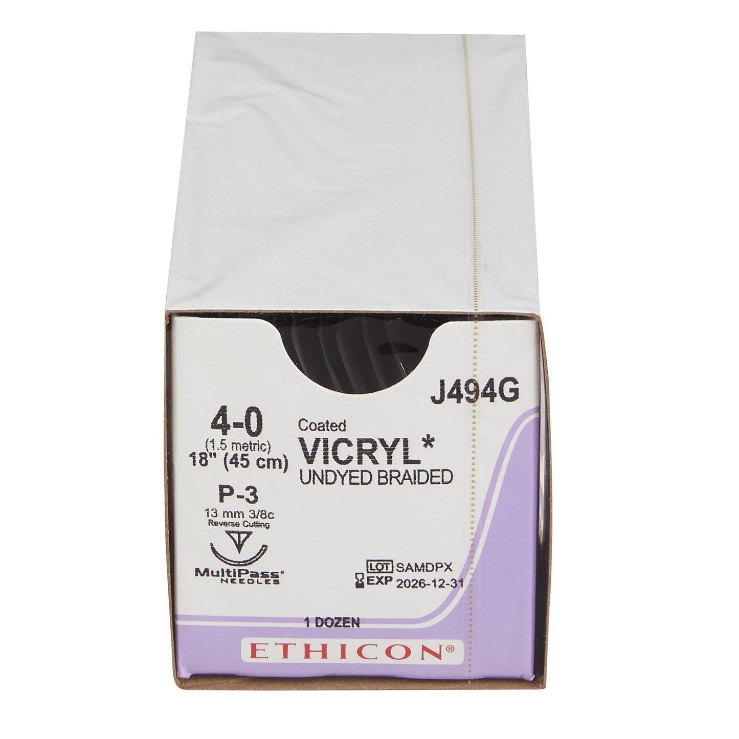 Ethicon Absorbable Suture with Needle Coated Vicryl™ Polyglactin 910 P-3 3/8 Circle Precision Reverse Cutting Needle Size 4-0 Braided