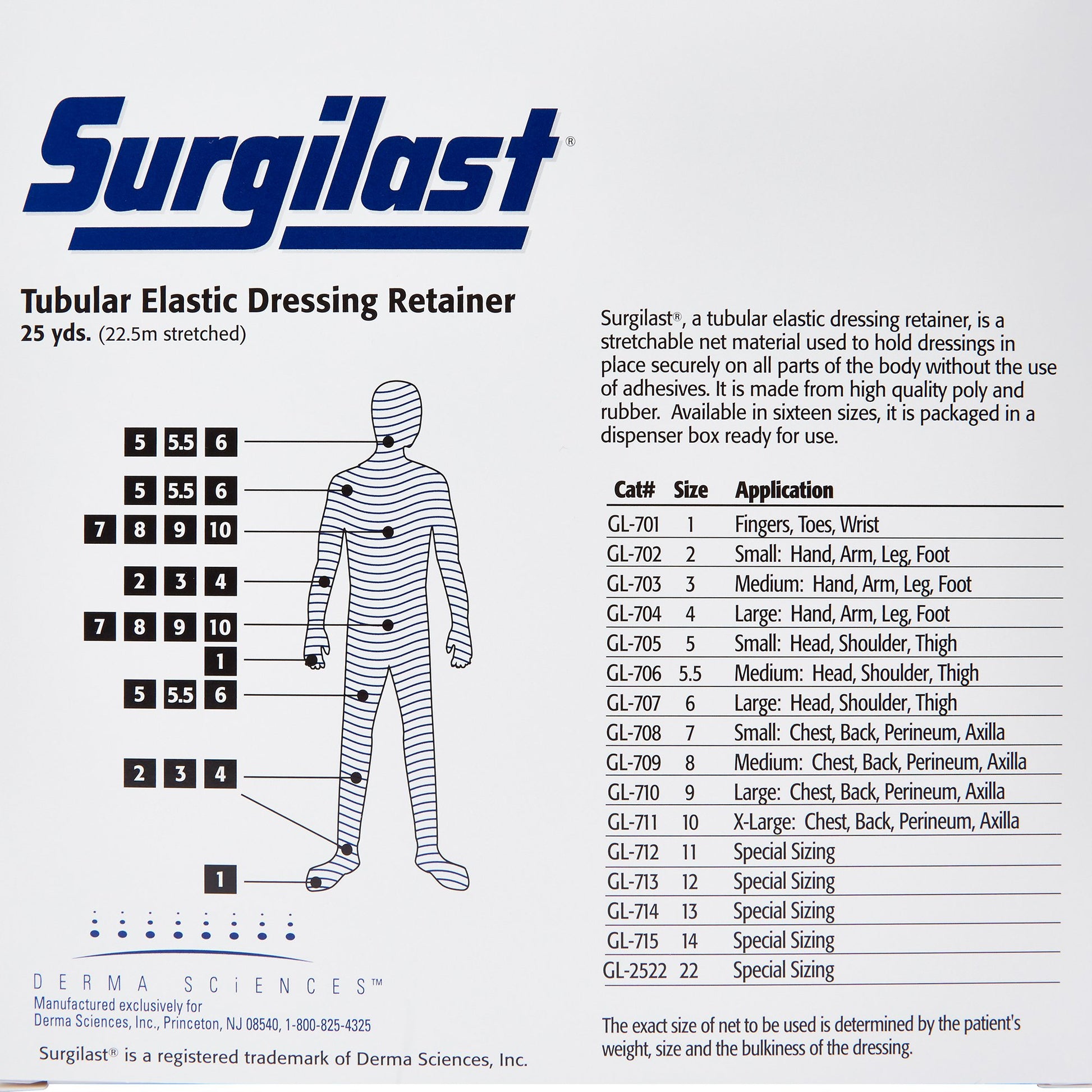 Surgilast GL704 Size 4 elastic net bandage retainer roll for large hand, arm, leg, and foot dressings.