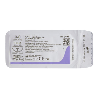 Absorbable Suture with Needle Coated Vicryl™ Polyglactin 910 PS-2 3/8 Circle Precision Reverse Cutting Needle Size 3-0 Braided