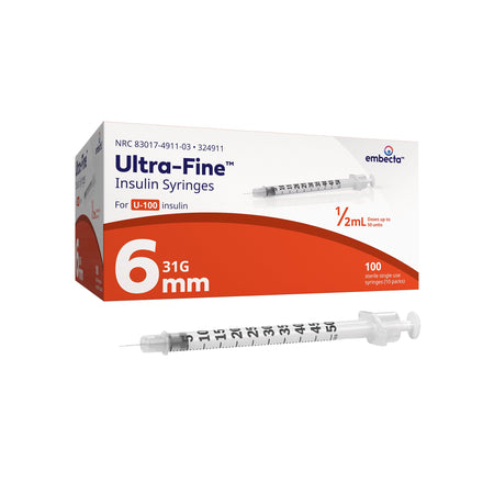 embecta 324911 Veo Ultra-Fine Standard Insulin Syringe with Needle, 31 Gauge