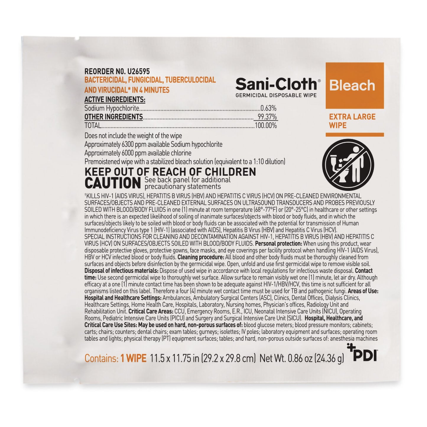 Sani-Cloth® Surface Disinfectant Cleaner Bleach Wipe, 11.5 x 11.75 Inch