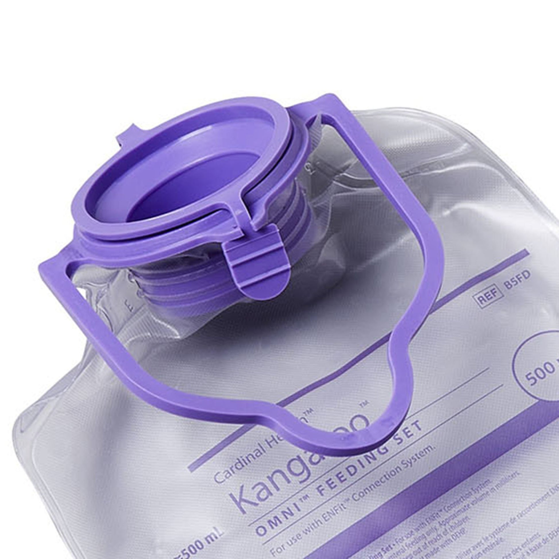 Close up of the proprietary teal plastic cassette interface on a Cardinal Health B5FD Kangaroo OMNI feeding pump set.