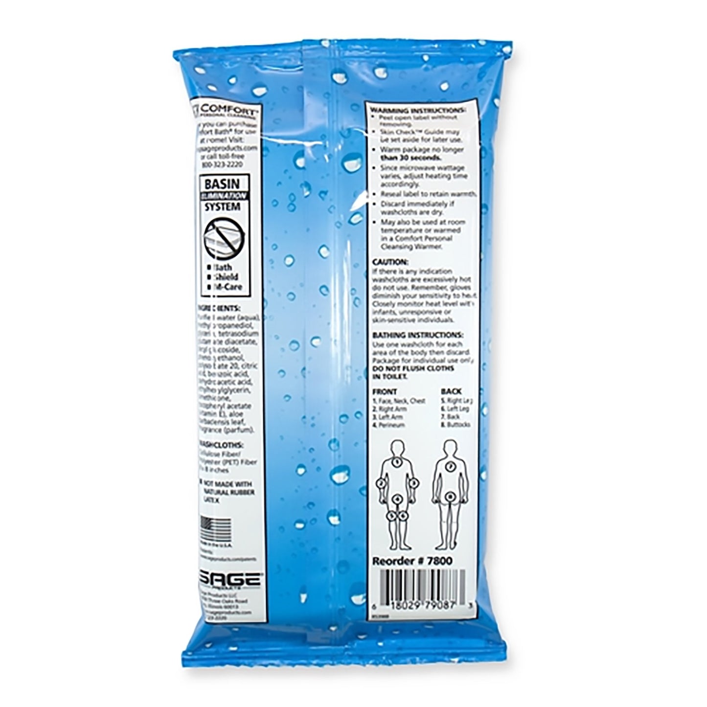 Warming instructions and package directions on the back label of a Sage 7800 Essential Bath washcloth packet.