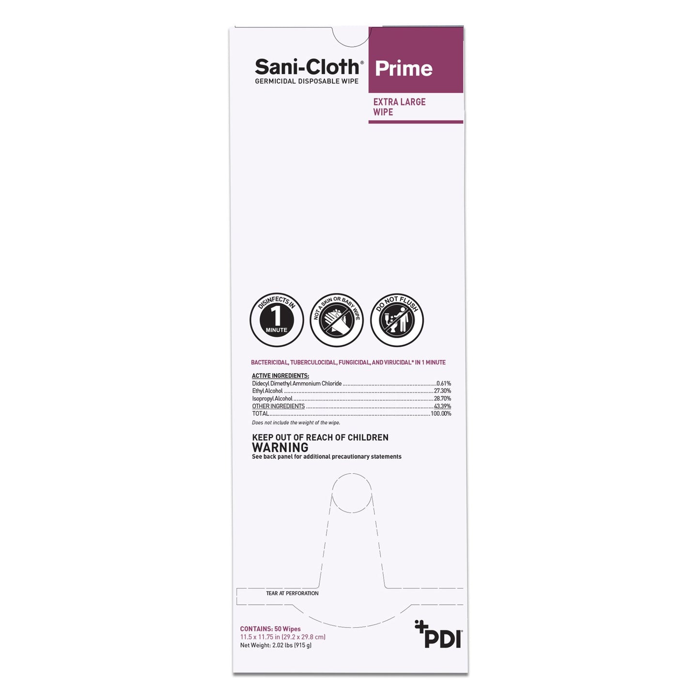 Sani-Cloth® Prime Extra Large Germicidal Disinfectant Wipes, 11.5 x 11.75 Inch