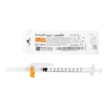 Retractable Technologies 82011 EasyPoint Safety Hypodermic Needle, 25 Gauge, 1 Inch Length