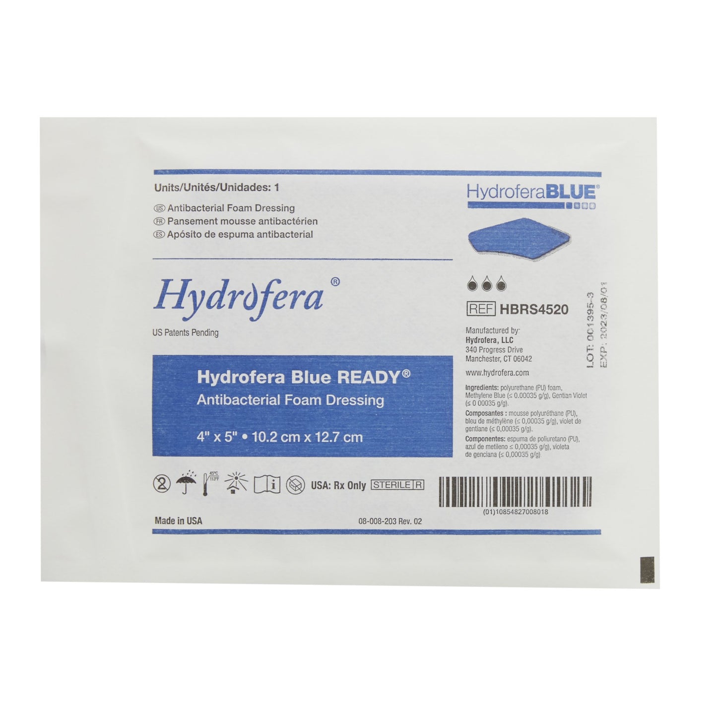 Hollister® Hydrofera Blue Ready™ Antibacterial Foam Dressing, 10.2 x 12.7 cm