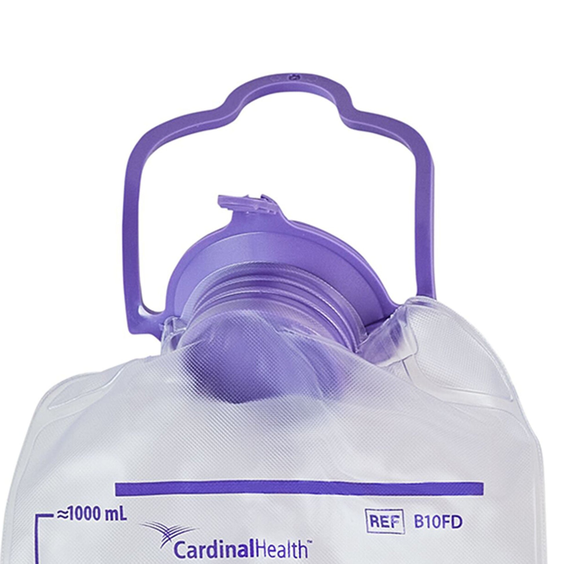 Close up of the bold fluid measurement graduation markings on a 1000 mL Cardinal Health B10FD Kangaroo OMNI feeding bag.